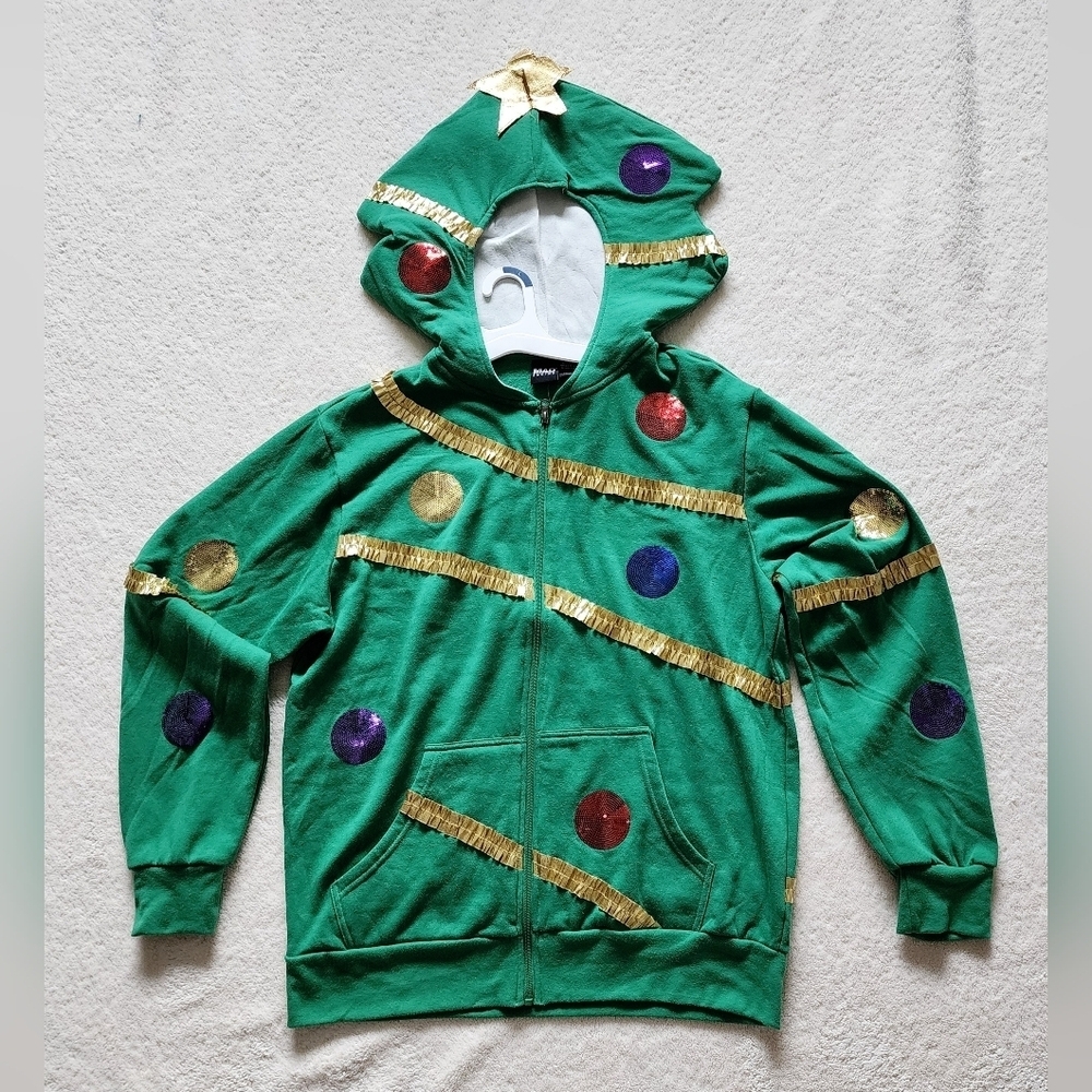 NWT Men's festive Christmas Tree Hooded Zip-Up green Sweatshirt, size L & XL